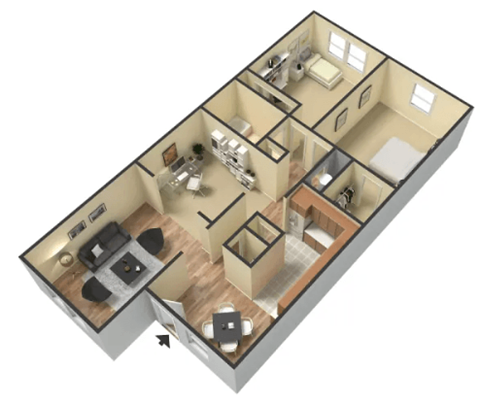 Floor plan for 2 beds, 1 bath, 966 sqft